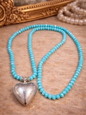 Vintage Turquoise Beaded Couture Necklace with Silver Heart Pendant